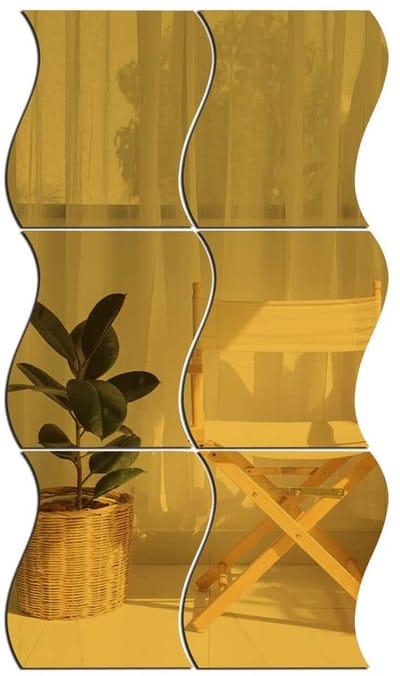 Dailygoods- Wandstickers 6PCS - Decoratieve Spiegels - Wavy Design - Zelfklevend - Glazen Wanddecoratie - 12cm/16.5cm/20cm/25cm - Spiegelstickers