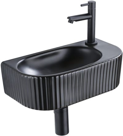 QeramiQ Fuente fonteinset – halfrond – 40x21.5x12 cm – kraangat rechts – mat zwarte kraan – geribbeld