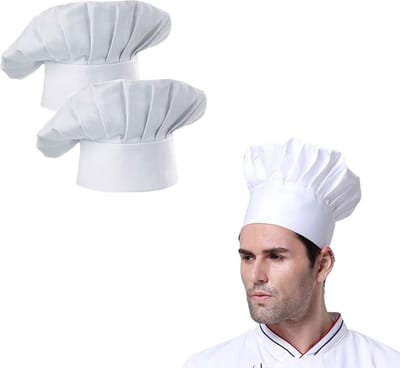 Set van 2 - Katoenen koksmuts - Witte chef-kokhoed voor volwassenen - Verstelbare chef-kokhoed met elastische band - Herbruikbare chef-kokhoed - Keukenkoken-kokhoed - Werkhoed - Chef-kokkledinghoed
