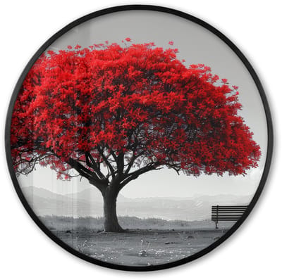 Poster in lijst Rond - Fotolijst 60x60 cm - Posters - Boom - Rood - Natuur - Zwart wit - Ronde posterlijst zwart - Decoratie - Wanddecoratie woonkamer - Muurdecoratie slaapkamer