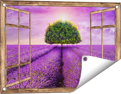 Gards Tuinposter Doorkijk Groene Boom in de Lavendel Bloemen - 60x40 cm - Tuindoek - Tuindecoratie - Wanddecoratie buiten - Tuinschilderij