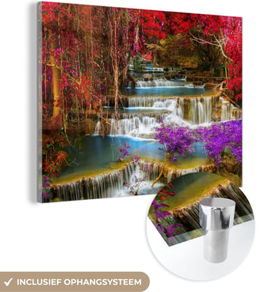 MuchoWow® Glasschilderij 40x30 cm - Schilderij acrylglas - Waterval - Roze - Bomen - Foto op glas - Schilderijen