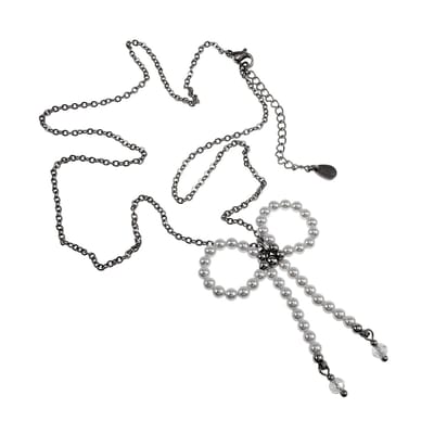 Fijne RVS ketting met Handgemaakte Strik Hanger, Schelpparels en Kristallen, Dames Ketting Set - Verstelbaar 50 - 55 cm