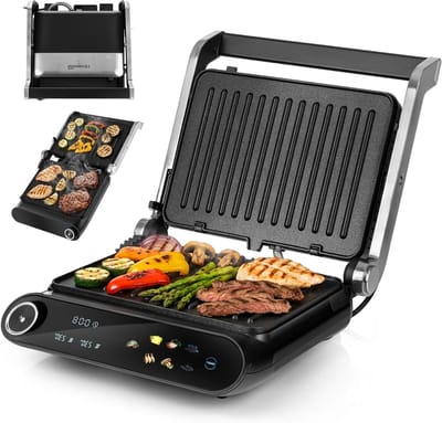 Elektrische Contactgrill - Tafelgrill - Jaarrond Grillen - 10 Automatische Programma's - Tot 1900 cm² - Zilver Zwart