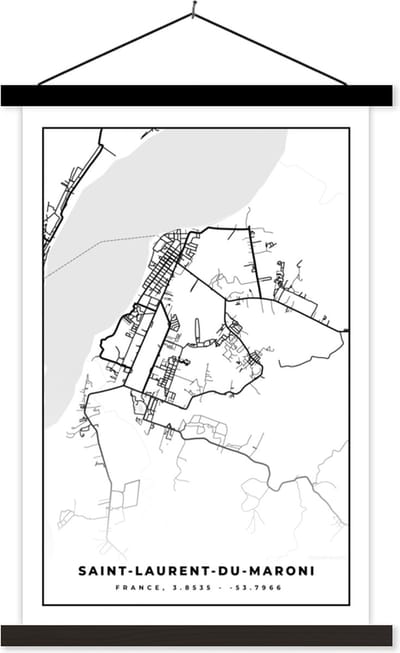 Posterhanger incl. Poster 40x60 cm - Schoolplaat - Stadskaart - Frankrijk - Kaart - Saint-Laurent-du-Maroni - Plattegrond - Zwart wit - Textielposter - Zwarte latten - Stadskaart