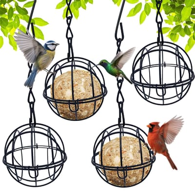 carmdering - Set van 4 Vetbolhouders met Dak - Vogelvoeder voor Wilde Vogels - Hangende Voederkolom met Scharnierend Deksel - Vogelvoederstation voor Buiten
