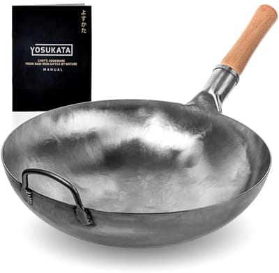 Carbon Stalen Wok Pan 36cm - Handgemaakt Ronde Onderkant - Traditionele Chinese en Japanse Pan - Geschikt voor Gas en Open Vuur