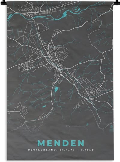 Wandkleed - Wanddoek - Duitsland – Blauw – Menden – Stadskaart – Kaart – Plattegrond - 120x180 cm - Wandtapijt