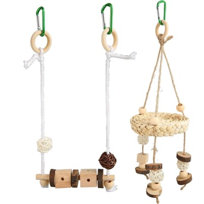 Perroquet Balançoire Jouet Suspendu Bûches Amusantes Boules en Rotin Corde en Coton Oiseau Épi de Maïs Jouet Balançoire pour Pinsons beige