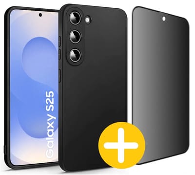 Hoesje en Privacy Screenprotector Combi Geschikt Voor Samsung S25 - Zwart Hoesje + Privacy Glas
