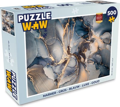 Puzzel Marmer - Grijs - Blauw - Luxe - Goud - Legpuzzel - Puzzel 500 stukjes