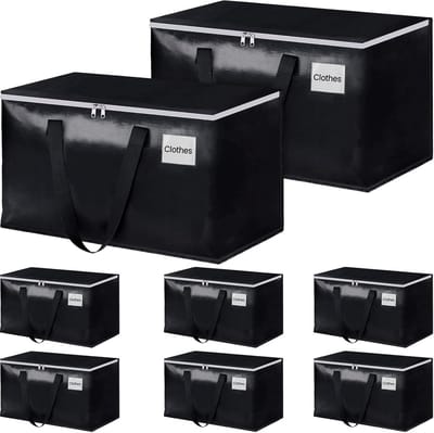 Zware Verhuisdozen - Opbergzakken met Rits, Versterkte Handgrepen en Label Pocket - Opvouwbare Verhuisaccessoires - Totes voor Verplaatsen, Opslag en Reizen 93L (Zwart - 8 Pack)