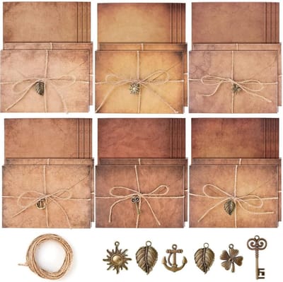 Vintage briefpapier set met 12 antieke enveloppen, metalen hangers en henneptouwen - 5 stijlen voor creatieve projecten