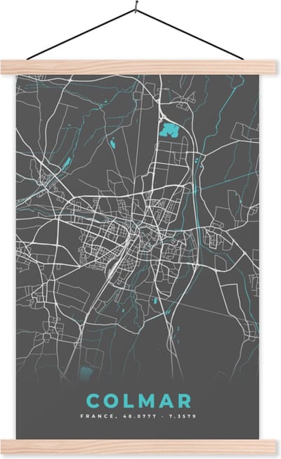 Posterhanger incl. Poster 40x60 cm - Schoolplaat - Frankrijk – Plattegrond – Kaart – Colmar – Stadskaart - Textielposter - Blanke latten - Stadskaart