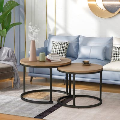PHOEBE CAT Ronde salontafel - Set van 2 - Nestbare bijzettafels - Marmerlook - Bruin