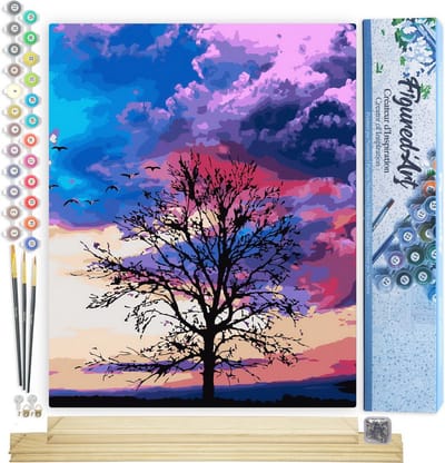 Figured'Art Schilderen op Nummer Volwassenen canvas Boom en mooie kleuren - Handwerk acrylverf Kit DIY Compleet - 40x50cm met DIY houten lijst