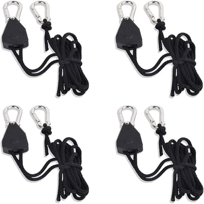 Dailygoods- Rateltouw 4 Stuks - Verstelbaar Touwratel - Karabijnhaak - Metalen Haak - Voor Plantengroei - Zwart Kunststof/Metaal - Hangsystemen