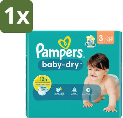 1 x Pampers – Luiers – Baby-Dry Maat 3 (6-10 kg) – 34 Luiers - Babyluier - Babydouche - Droge Luier - Luier Voor Baby - Luier 3 Kg