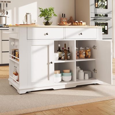 Keukeneiland met stopcontact en uittrekbaar werkblad: mobiele keukentrolley, wit, 6 vakken, 2 laden, buffetkast op wielen, multifunctioneel, ruimtebesparend, 151,5 x 59,7 (84,7) x 91,7 cm