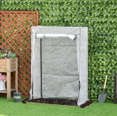 MEUNIQ Tomatenkas 100 x 50 x 150 cm met PE-gitterfolie, gegalvaniseerd stalen frame en oprolbare deur, foliekas voor balkon, terras en tuin, wit