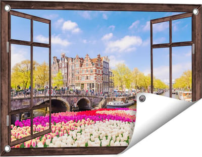 Gards Tuinposter Doorkijk Amsterdamse Huisjes aan de Grachten - 60x40 cm - Tuindoek - Tuindecoratie - Wanddecoratie buiten - Tuinschilderij