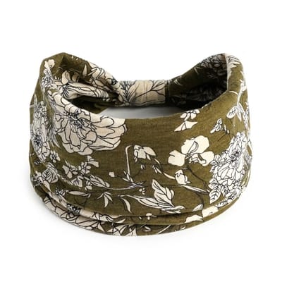 Olijfgroene elastische haarband met witte bloemenprint – dames hoofdband van zachte stof – modieus haaraccessoire voor dagelijks gebruik