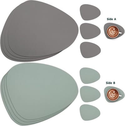 Candala - Lederen tafelmatten en onderzetters, Placemat Waterdichte Dubbelzijdige Keuken Plaats Matten Koffiematten Antislip Wasbare Placemats en Onderzetters (Grijs Salie groen, Set van 4)