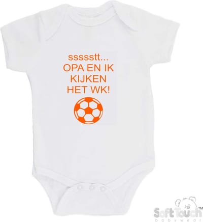 100% katoenen Romper "ssssstt Opa en ik kijken het WK" Unisex Katoen Wit Oranje Maat 62/68