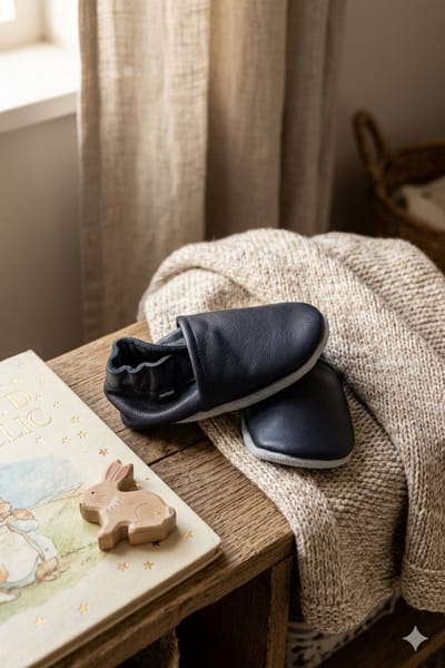 Stabifoot Babyslofjes – Zacht Leer – Cadeaudoos - Linnen zakje - Barefoot - NAVY 0 - 3