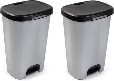 Kunststof afvalemmers/vuilnisemmers grijs 50 liter met zwarte deksel en pedaal - 2x stuks - Vuilnisbakken/prullenbakken
