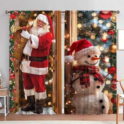 2 stuks Gordijn met Kerstman- en Sneeuwmanprint voor Kerst Woondecoratie - Tunnel voor Roede Raambekleding voor Slaapkamer, Kantoor, Keuken 52.5cmX116cm X 2pcs brown