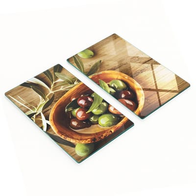 Set van twee decoratieve glazen keukenplanken met olijfmotief, 2x30x52 cm