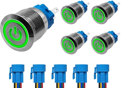 ProRide Drukschakelaar ON-OFF 12V/24V - 19mm Metaal - Waterdicht - LED Groen - Met Kabels - 5 stuks