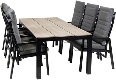 7-Delige tuinset | 6 Berlijn tuinstoelen (Black) | Tuintafel Cyprus 225x100cm (Wood)