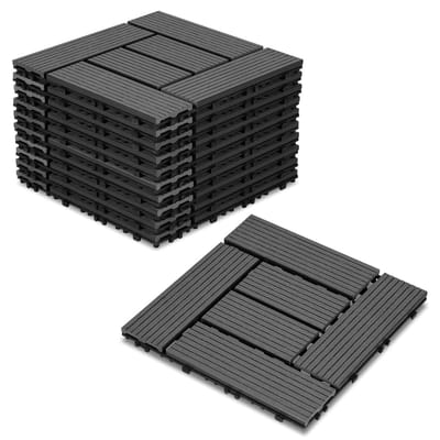 WPC-terrastegels, 30x30 cm, 44-delige voordeelset voor 4m², antraciet houtlook, voor tuin- en balkonvloeren met drainage en kliksysteem.