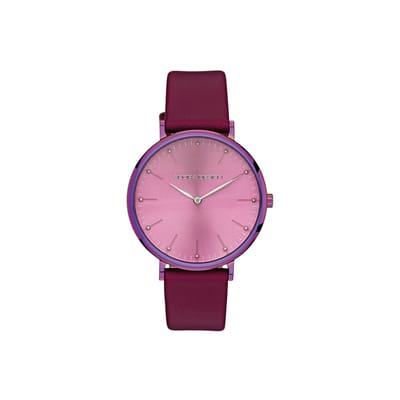 Adora Design Dames Horloge - Lederen Band - Fuchsia Roze - Iridescent Multicolor Kast - Ø 34 mm - 5 ATM