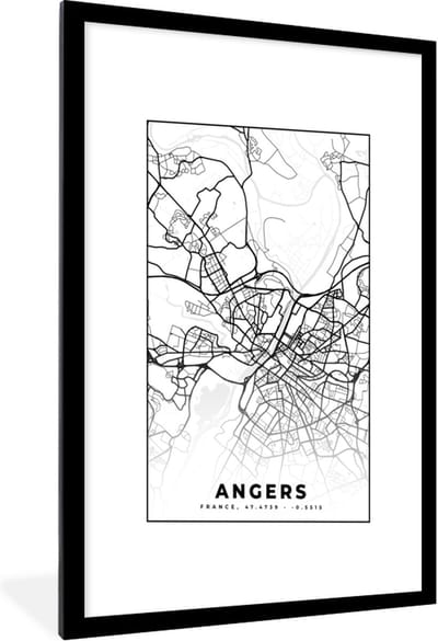 Fotolijst incl. Poster Zwart Wit- Stadskaart - Angers - Plattegrond - Kaart - Frankrijk - Zwart wit - 60x90 cm - Posterlijst