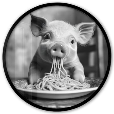 Poster in lijst Rond - Fotolijst 40x40 cm - Posters - Varken - Schattig - Spaghetti - Zwart wit - Dier - Ronde posterlijst zwart - Decoratie - Wanddecoratie woonkamer - Muurdecoratie slaapkamer