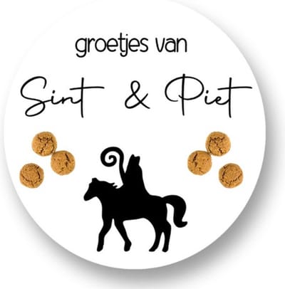 20x Sinterklaas / Sint - Sluitsticker Groetjes van Sint en Piet - Sluitzegel - Wit - Zwart - Envelop sticker - Kaart - Cadeau – Gift – Cadeauzakje - Pakjesavond - 5 december - 40mm