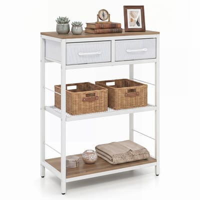 COSTWAY Smalle consoletafel met 2 stoffen laden en planken (natuur) | Ingangtafel met metalen frame, salontafel achter de bank, haltafel, bijzettafel voor woonkamer, 60 x 30 x 81 cm
