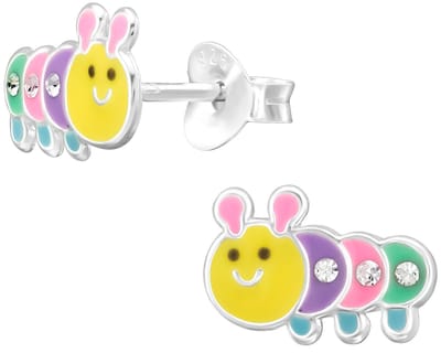 Joy|S - Zilveren rups oorbellen - 9 x 6.5 mm - multicolor met kristalletjes - kinderoorbellen