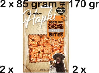 2X flamingo hapki hondensnack kip en rice bites 85 gram x 2 = 170 gram GEEN SUIKERS TOEGEVOEGD 100% TASTY