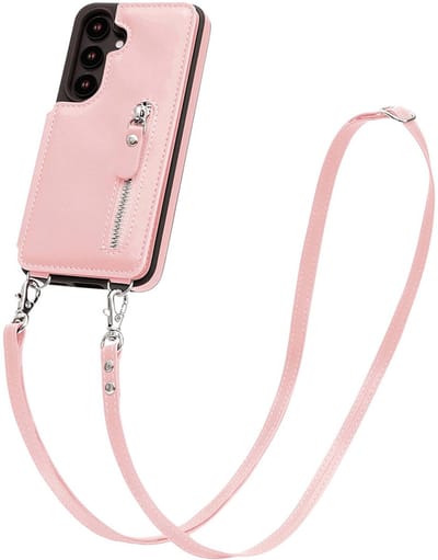 CaseMania Backcase hoesje geschikt voor Samsung Galaxy S24 - Effen Roze - Kunstleer - met Crossbody Koord, Pashouder & Ritsvakje