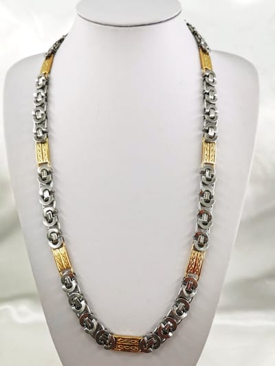 Koningsschakel - RVS - ketting Breedte 12mm - Biclor - zilverkleurig en goudkleurig blok met motief, prachtig - mannen - sieraden - Geschenken