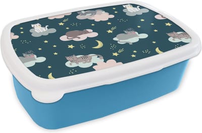 Broodtrommel Blauw - Lunchbox - Brooddoos - Patronen - Kat - Maan - Jongens - Meisjes - Kinderen - Kind - 18x12x6 cm - Kinderen - Jongen