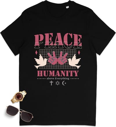 Heren t shirt met print - Tshirt mannen Peace  Humanity - Maten S t/m 3XL - Shirt kleuren: zwart, groen en paars.