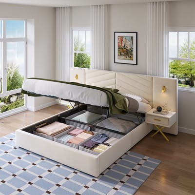 HAUSS SPOLE Bedframe Met Opbergruimte - Gaslift En Zwevend Nachtkastjes - Voor Slaapkamer - Hout En Fluweel - Beigewit