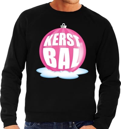 Bellatio Decorations Foute kersttrui kerstbal roze - sweater - zwart - voor heren - kerstballen trui S