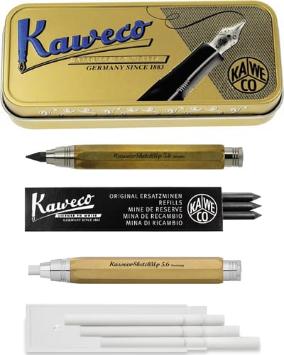 Kaweco - Sketch Up - tekenset - 2delig - In retro cadeau blikje - Vulpotlood - en Corrector - Messing - doosje zwarte vullingen - doosje gummen 5.6