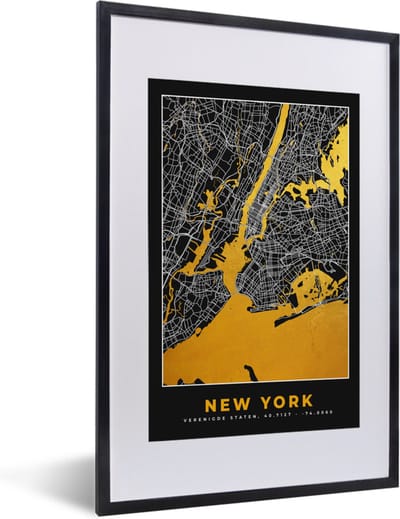 Fotolijst incl. Poster - New York - Stadskaart - Goud - Kaart - Plattegrond - 40x60 cm - Posterlijst